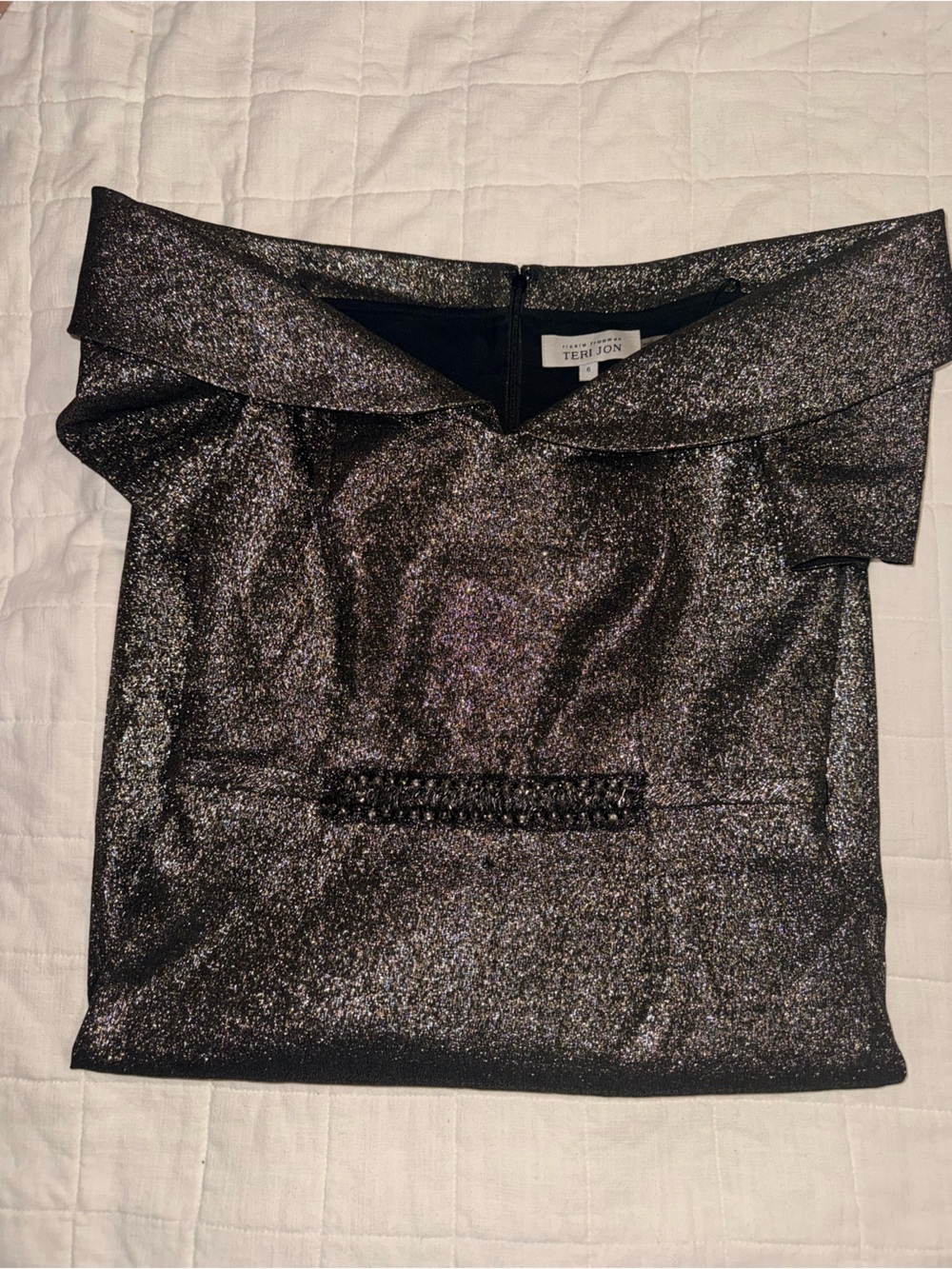 Rickie Freeman for Teri Jon Black Metallic Shimmer Off-Shoulder Dress